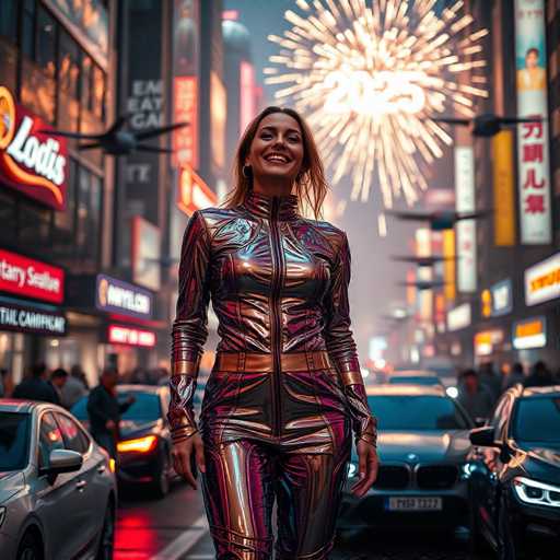 A woman is walking down a busy city street at night, wearing a shiny silver jumpsuit with a zipper running down the front and a pair of purple pants. The street is lined with cars parked along both sides, and in the background, there are buildings adorned with colorful neon signs that illuminate the scene.