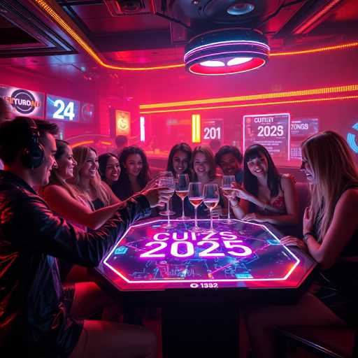In this vibrant photograph, a group of eight people is gathered around a table in a dimly lit bar, exuding a festive atmosphere. The table, illuminated by a neon sign, prominently displays the text "C-U-I-Z 2025." The neon sign is bordered by a white outline, with a red neon line accentuating the bottom edge. The table itself is black, providing a stark contrast to the bright neon lights.

On the left side of the table, a man wearing a black leather jacket and black headphones is seated. He is surrounded by four women, all smiling and raising their wine glasses in a celebratory toast. The woman closest to him is dressed in a black shirt, followed by another in a red shirt, then one in a black shirt, and finally, a woman in a black dress.

On the right side of the table, three more women are seated, all smiling and participating in the toast. The woman closest to the man is in a black dress, followed by another in a black shirt, and the third in a red shirt.

The background of the image is adorned with various neon signs, adding to the bar's lively ambiance. One sign reads "2021," another "2025," and there is a partially visible sign that appears to say "Z-O-N-G-S." Additionally, a sign with the number "24" is visible on the left side of the image. The ceiling features a circular light fixture with a red bottom and a purple top, casting a warm glow over the scene.