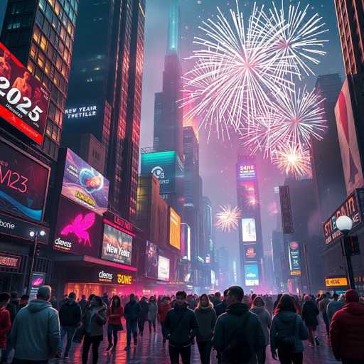 A vibrant nighttime scene captures the essence of Times Square in New York City, likely during the New Year's Eve celebration in 2025. The image is filled with towering skyscrapers adorned with dazzling advertisements and billboards, creating a mesmerizing urban landscape. The sky is alive with an array of fireworks, their colorful bursts illuminating the dark expanse above. The streets below are teeming with a diverse crowd of people, all bundled up in winter attire, suggesting the chilly season. The atmosphere is electric, a perfect blend of celebration and urban energy, encapsulating the spirit of Times Square on New Year's Eve.