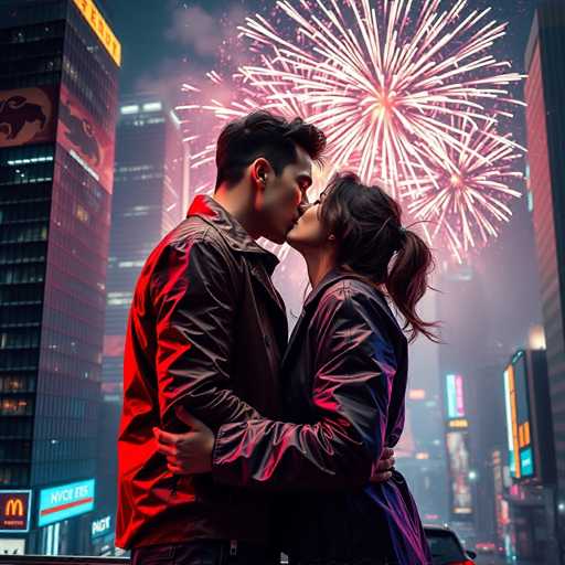 A couple is sharing an intimate moment under a fireworks display at night. The man wears a brown leather jacket and the woman has long hair tied up in a ponytail. They are standing close together with their arms wrapped around each other as they gaze into each other's eyes. In the background, there are tall buildings illuminated by colorful lights against the dark sky, creating a vibrant cityscape.