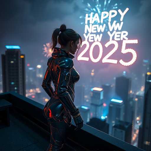 In this captivating image, a woman stands on a rooftop, gazing out over a bustling cityscape. She is dressed in a sleek, black leather bodysuit that accentuates her figure, complete with gloves and a hood. Her dark hair is styled in a ponytail, with bangs framing her face. The scene is set at night, with the sky illuminated by fireworks and the city lights twinkling below. The woman's back is to the viewer, but her head is turned slightly to the right, revealing her profile. In the background, a sign reads "Happy New Year 2025," though the text appears jumbled and incorrect, with "WV" and "YEW" replacing "New Year." The overall atmosphere is one of celebration and anticipation, capturing a moment of quiet reflection amidst the vibrant city below.