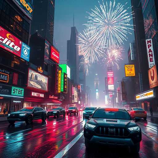 This image captures a vibrant cityscape at night, likely in a bustling metropolis such as New York City. The scene is dominated by towering skyscrapers adorned with numerous neon signs and advertisements, creating a dazzling display of colors against the dark sky. The street below is alive with activity, featuring a mix of cars and pedestrians. The wet pavement reflects the glow of the neon lights, adding a shimmering effect to the scene. Fireworks explode overhead, adding to the festive atmosphere. The overall ambiance is one of urban energy and excitement, with the combination of bright lights, busy streets, and celebratory fireworks creating a dynamic and captivating nighttime vista.