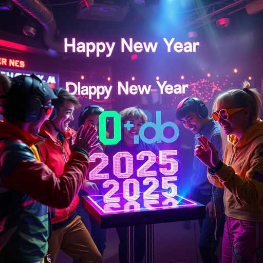 In this vibrant and festive image, a group of five friends is gathered around a glowing table, celebrating the New Year. The scene is set in a dimly lit room with a dark background, illuminated by colorful neon lights and strings of lights that add to the celebratory atmosphere. 

The friends are all wearing headphones and appear to be engaged in a lively game, possibly "Dance Dance Revolution," as suggested by the illuminated table. The table itself is a striking feature, with a black base and a top that radiates a pinkish-purple glow, displaying the year "2025" in bright, illuminated numbers.

From left to right, the friends are dressed in various colorful outfits. The first person wears a jacket with a mix of green, blue, and red, paired with brown pants. Next to them, a person in a red jacket and brown pants is caught mid-clap, their hand raised in the air. The third individual sports a blue jacket and has short brown hair. To their right, a person in a blue shirt and blue pants is also wearing headphones. The final person on the far right is a woman with blonde hair, wearing a yellow jacket and pink pants, accessorized with yellow sunglasses.

Above the group, the words "Happy New Year" are prominently displayed, though humorously misspelled as "Dlappy New Year." The overall scene captures the joy and excitement of the New Year celebration, with the friends immersed in their game and the festive lighting adding to the lively ambiance.
