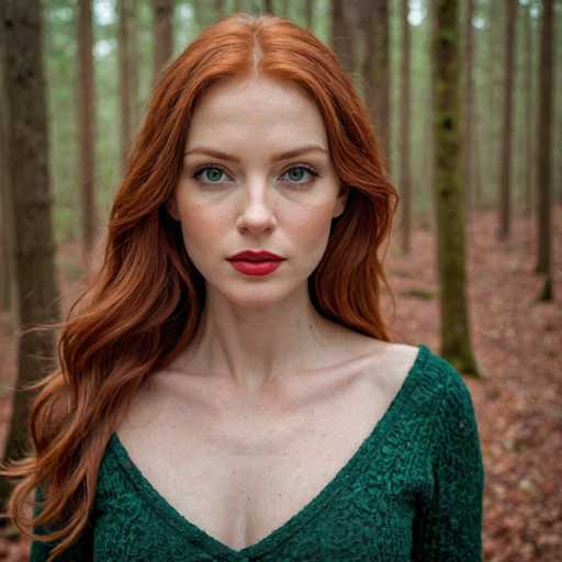 A captivating photograph features a woman with striking red hair and vivid green eyes, gazing directly into the camera. She is dressed in a green sweater, and her fair skin is adorned with a sprinkling of freckles. The background reveals a serene forest setting, with tall trees and a carpet of fallen leaves, suggesting an autumnal atmosphere. The woman's lips are painted a bold red, complementing her vibrant hair. Her expression is neutral, yet her eyes convey a sense of intensity and curiosity. The overall composition of the image is both enchanting and mysterious, drawing the viewer into the woman's enigmatic presence.