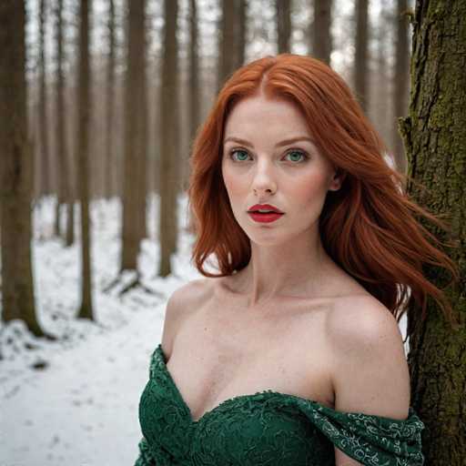 A striking photograph captures a woman with vibrant red hair and captivating green eyes, standing in a serene winter forest. She is leaning against a tree, her body facing the camera while her gaze is directed slightly to the left. Her lips are adorned with a bold red lipstick, complementing her fair complexion. She is dressed in a green top, which appears to be slipping off her left shoulder, revealing a hint of her skin. The background is a blur of tall, slender trees with bare branches, their trunks stretching upwards and out of the frame. The ground is blanketed in snow, adding to the wintry atmosphere. The woman's hair is parted in the middle, framing her face and cascading down to her shoulders. The overall composition highlights her presence against the tranquil, snowy forest backdrop.