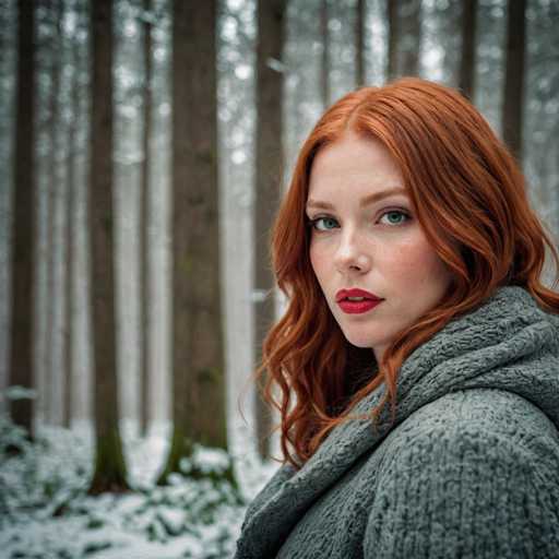 A captivating photograph features a young woman with striking red hair and vivid green eyes, standing in a serene winter forest. She is dressed in a cozy gray sweater with a hood, which adds to the warmth of her presence. Her lips are painted a bold red, complementing her fair complexion and the freckles that adorn her cheeks. The woman gazes directly at the camera, her expression serene and captivating. The background is a blur of tall, slender trees with brown trunks and sparse green leaves, creating a natural frame that draws attention to her. The ground is blanketed in snow, with patches of green grass peeking through, adding a touch of color to the wintry scene. The overall composition highlights the contrast between her vibrant features and the muted, tranquil forest behind her.