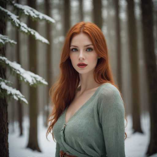A captivating photograph captures a young woman with striking red hair and blue eyes, standing in a serene winter forest. She is dressed in a light green, long-sleeved shirt with a deep V-neck, which is unbuttoned at the top, revealing a hint of her chest. Her lips are adorned with a subtle shade of red lipstick, complementing her fair complexion. The woman's long, wavy red hair cascades down to her waist, framing her face and adding to her ethereal appearance. She gazes directly at the camera, exuding a sense of calm and confidence.

The background features a dense forest of tall, slender trees, their brown trunks stretching upwards. The ground is blanketed in snow, creating a pristine white carpet that extends into the distance. To the left of the woman, a snow-covered pine tree stands prominently, its branches laden with snow. The overall scene is bathed in a soft, gray light, enhancing the tranquil and wintry atmosphere of the photograph.