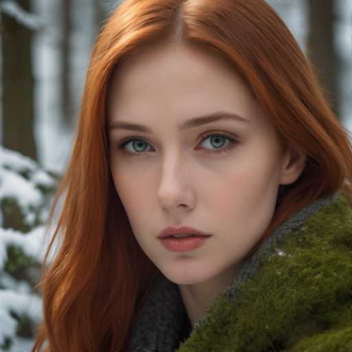 A stunning close-up portrait of a young woman with vibrant red hair and captivating green eyes. Her lips are painted a soft pink, and her complexion is fair and radiant. She is dressed in a cozy gray coat adorned with a lush green fur collar, which adds a touch of elegance to her winter ensemble. The background is a serene winter landscape, with snow-covered trees and bushes creating a picturesque setting. The woman's expression is calm and composed, as she gazes directly into the camera, exuding a sense of quiet confidence. The overall composition beautifully captures the essence of winter and the woman's striking features.