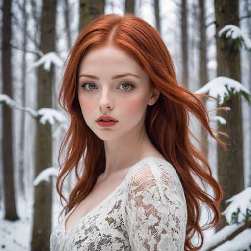 A captivating photograph features a young woman with striking red hair and vivid green eyes, standing in a serene winter forest. She is dressed in a delicate white lace dress, which complements her fair complexion and the soft pink blush on her cheeks. Her lips are painted a subtle shade of pink, adding a touch of warmth to her ethereal appearance. The woman gazes directly at the camera with a composed expression, her long red hair cascading down her back. The background reveals a tranquil winter scene, with snow-covered ground and tree branches lightly dusted with snow. The trees, mostly bare with a few evergreens, create a picturesque contrast against the white snow, enhancing the overall beauty and tranquility of the image.