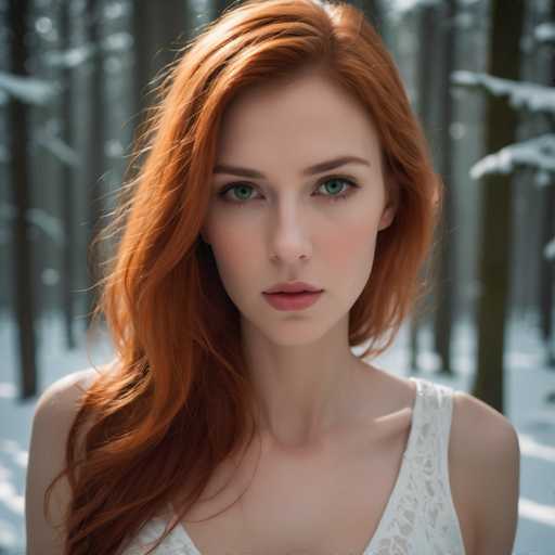 A young woman with red hair is standing in a snowy forest. She is wearing a white tank top and her long, flowing hair cascades down her back as she gazes directly into the camera. The background features tall trees covered in snow, creating a serene winter landscape.