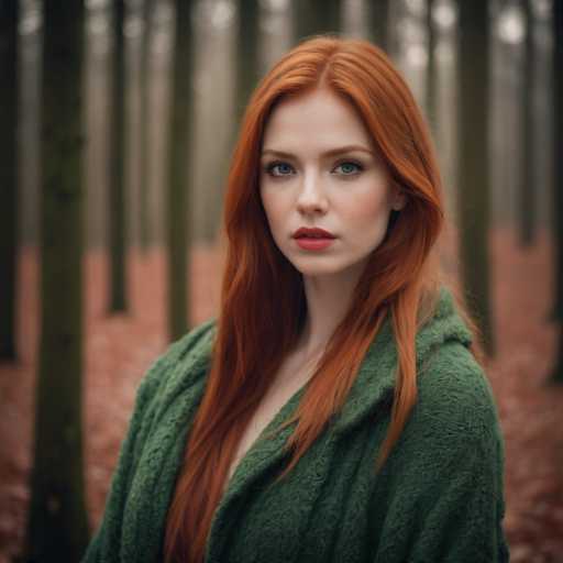 A captivating photograph features a striking woman with vibrant red hair and piercing blue eyes. Her lips are adorned with a bold red lipstick, complementing her fair complexion. She is dressed in a cozy green sweater, which appears to be made of wool, adding a touch of warmth to her ensemble. The background is artistically blurred, drawing attention to her vivid features. Behind her, a forest of tall trees stands, their trunks stretching upwards and out of the frame. The forest floor is carpeted with a mix of brown and red leaves, creating a rich tapestry of autumn hues. The overall composition highlights the woman's striking appearance against the serene, natural backdrop.