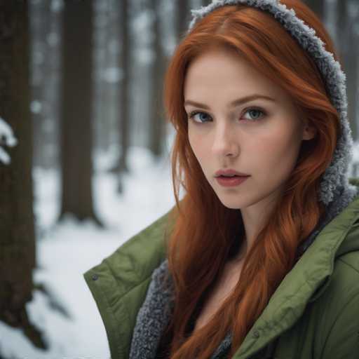 A captivating photograph features a young woman with striking red hair, gazing directly into the camera. Her vibrant blue eyes and full lips, adorned with a touch of lipstick, stand out against her fair complexion. She is dressed in a green jacket with a hood lined in gray, which adds a cozy touch to her ensemble. The background is a serene winter scene, with snow blanketing the ground and tall trees standing in the distance, their branches dusted with snow. The overall composition highlights the contrast between her vivid features and the tranquil, wintry backdrop.