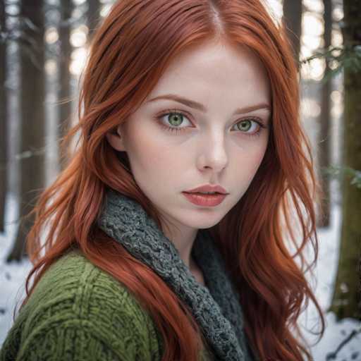 A young woman with red hair is captured in a moment of quiet contemplation in the midst of a snowy forest. She wears a green sweater and a gray scarf around her neck, adding to the rustic charm of the scene. The trees surrounding her are tall and bare, their branches heavy with snow, creating a stark contrast against the vibrant colors of her attire.