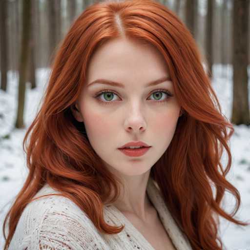 A captivating photograph features a young woman with striking red hair and vivid green eyes. Her lips are painted a soft pink, and she gazes directly at the camera with a composed expression. She is dressed in a white, lacy top that adds a touch of elegance to her appearance. The background is a serene winter landscape, with snow blanketing the ground and tall trees standing in the distance, their branches bare and dusted with snow. The overall scene is tranquil and picturesque, capturing the essence of a quiet winter day.