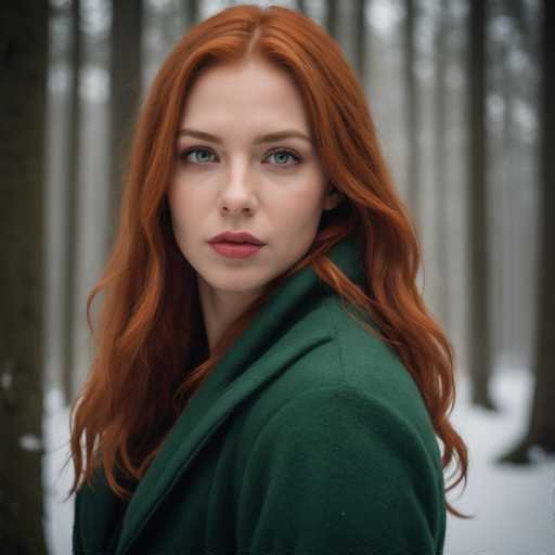 A woman with red hair is standing in a forest surrounded by trees and snow. She is wearing a green coat that contrasts with the white snow around her. The woman's gaze is directed off to the side, suggesting she may be lost in thought or simply enjoying the serene beauty of the winter landscape.