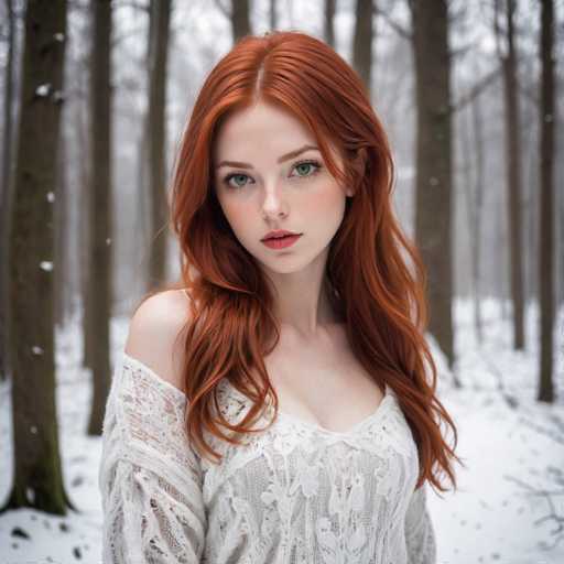 A young woman with red hair is standing in a snowy forest. She is wearing a white sweater and has her arms crossed over her chest. The trees around her have bare branches, suggesting it might be winter or the season of late autumn/fall when deciduous trees shed their leaves.