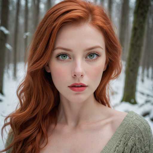 A captivating photograph features a young woman with striking red hair and vivid green eyes, gazing directly into the camera. Her lips are painted a soft pink, and her complexion is fair. She is dressed in a green sweater, which complements her vibrant features. The background is a serene winter landscape, with snow blanketing the ground and a forest of bare trees stretching into the distance. The scene is devoid of any text, allowing the natural beauty and the woman's captivating presence to take center stage.