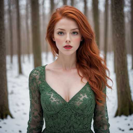 A captivating photograph features a strikingly beautiful young woman with long, wavy red hair cascading over her left shoulder. Her fair complexion is complemented by a touch of blush on her cheeks and vibrant red lipstick. She gazes directly at the camera with captivating blue eyes. She is dressed in a green lace dress with sheer sleeves and a V-neckline, revealing a hint of her cleavage. The background is a serene winter forest, with snow blanketing the ground and tall, slender trees stretching upwards. The overall composition highlights the woman's natural beauty and the tranquil beauty of the snowy forest setting.
