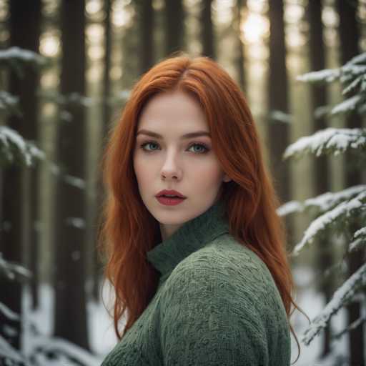A captivating photograph features a young woman with striking red hair and vivid blue eyes, standing in a serene winter forest. She is dressed in a green sweater with a high collar, which complements her fair complexion. Her lips are adorned with a bold red lipstick, adding a pop of color to her natural beauty. The woman is positioned with her body facing away from the camera, but her head is turned over her right shoulder, gazing directly into the lens. The background is a blur of tall, slender trees, their branches laden with snow, creating a picturesque winter wonderland. The ground is also covered in a thick blanket of snow, enhancing the tranquil and cold atmosphere of the scene.