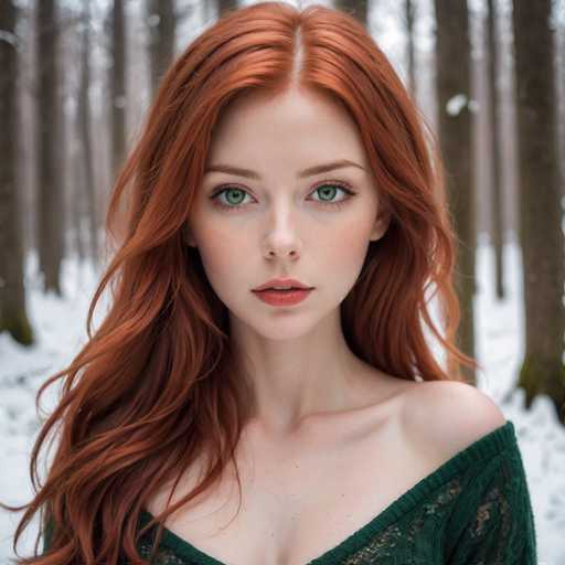 A captivating photograph features a young woman with striking red hair, standing in a serene winter landscape. Her vibrant green eyes and full lips draw immediate attention, complementing her fair complexion. She is dressed in a dark green sweater, which appears slightly loose on her slender frame, revealing her collarbone and part of her shoulder. The sweater has a subtle lace detail on the left side, adding a touch of elegance to her casual attire. Her hair is parted in the middle, cascading down to her chest, with a few strands playfully covering her right shoulder. The background showcases a tranquil winter scene with tall, slender trees and a blanket of snow on the ground, enhancing the overall peaceful ambiance of the image.