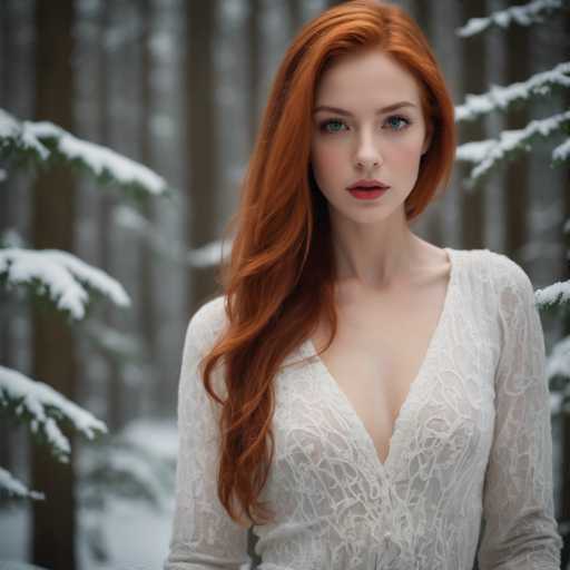 A captivating photograph features a woman with striking red hair and vivid blue eyes, standing in a serene winter landscape. She is dressed in a sheer, white lace dress that accentuates her fair complexion and delicate features. Her lips are painted a bold red, complementing her vibrant hair. The background is a blur of snow-covered trees, creating a soft, dreamy atmosphere. The woman's face is sharply in focus, drawing attention to her expressive eyes and the intricate details of her dress. The overall composition is minimalist, with no text or additional elements to distract from the natural beauty of the scene.