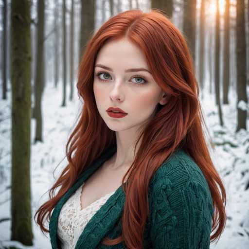 A captivating photograph features a young woman with striking red hair, standing in a serene winter forest. Her hair, parted in the middle, cascades down to her chest, with some strands elegantly draped over her shoulders and the rest flowing behind her back. She has fair skin, accentuated by a touch of blush on her cheeks and bold red lipstick that complements her hair. Her eyes are a mesmerizing greenish-blue, framed by brown eyebrows and long eyelashes. She is dressed in a white lace top, layered with a green cable-knit sweater, adding to the cozy winter ambiance. The background reveals a dense forest of tall, slender trees, their branches bare and dusted with snow. The ground is blanketed in a thick layer of snow, creating a picturesque winter scene. The woman stands with her body angled to the left, yet her face is turned towards the camera, capturing a moment of serene beauty in the midst of nature's winter splendor.