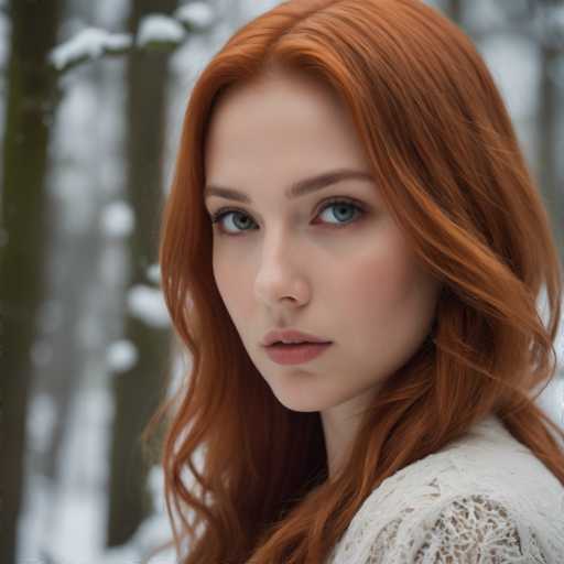 A young woman with vibrant red hair is captured in a moment of quiet contemplation against the backdrop of a snowy forest. Her long, flowing hair cascades down her shoulders, and she wears a white sweater that contrasts beautifully with the surrounding snow-covered trees. The image is taken from a low angle, which emphasizes the height of the woman's head and adds an air of mystery to the scene.