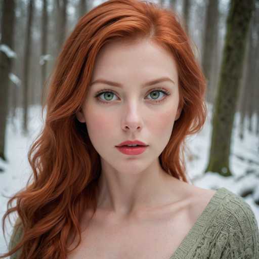 A young woman with vibrant red hair is captured in a moment of quiet contemplation in the midst of a snowy forest. Her long, flowing hair cascades down her shoulders, contrasting beautifully against the white snow that blankets the ground around her. The trees behind her stand tall and silent, their branches heavy with fresh snowfall. The woman's gaze is directed straight at the camera, meeting it with an air of quiet confidence.