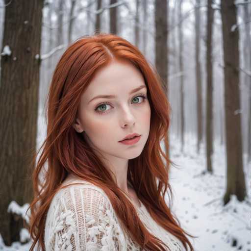 A captivating photograph features a young woman with striking red hair and vivid green eyes, standing in a serene winter forest. She is dressed in a white lace top, which adds an ethereal touch to her appearance. Her lips are painted a soft pink, and her face is adorned with subtle makeup, enhancing her natural beauty. The woman's expression is neutral, and she gazes directly at the camera, creating a powerful connection with the viewer. The background is a wintry woodland scene, with snow-covered ground and tall trees that appear almost black against the white landscape. The sky is overcast, casting a muted light over the scene, which adds to the tranquil and slightly mysterious atmosphere. The photograph is devoid of any text, allowing the viewer to fully immerse in the visual story it tells.