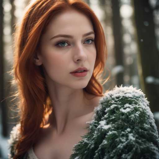 A captivating photograph features a young woman with striking red hair and vivid blue eyes, standing in a serene winter landscape. She is dressed in a green sweater, which is adorned with delicate snowflakes, adding to the wintry ambiance. Her lips are painted a soft pink, and she gazes thoughtfully to the right. The background is artistically blurred, drawing attention to her face and upper body, while the trees behind her are dusted with snow. The overall composition beautifully captures the essence of a peaceful winter day.