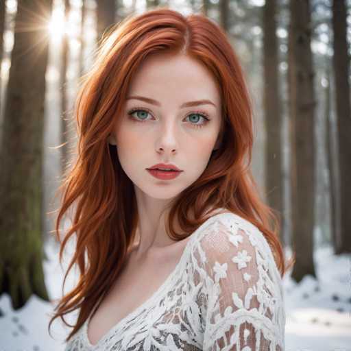 A captivating photograph features a young woman with striking red hair and vivid green eyes, standing in a serene winter forest. She is dressed in a delicate white lace dress, which complements her fair complexion and vibrant features. Her lips are adorned with a subtle shade of red lipstick, enhancing her natural beauty. The woman gazes directly at the camera, exuding confidence and grace. Surrounding her are tall trees, their branches laden with snow, creating a picturesque winter wonderland. The sun peeks through the trees, casting a gentle glow on her hair and face, adding a touch of warmth to the cold scene. The overall composition captures the essence of winter's beauty and the woman's radiant presence.