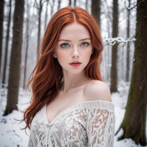 A captivating photograph features a young woman with striking red hair and vivid green eyes, standing in a serene winter forest. She is dressed in a delicate, lacy white top that drapes off her left shoulder, adding an ethereal touch to her appearance. Her makeup is subtle yet enhancing, with a light pink lipstick and a hint of blush on her cheeks. The woman gazes directly at the camera, exuding a sense of calm and confidence. The background is a picturesque winter wonderland, with snow blanketing the ground and tree branches. The trees, mostly bare with a few evergreens, frame the scene beautifully. The sky above is a crisp white, blending seamlessly with the snowy landscape, creating a harmonious and tranquil atmosphere.