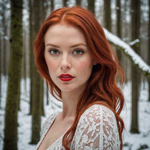 A captivating photograph features a woman with striking red hair and vivid green eyes, her gaze directed straight at the camera. She is adorned in a white lace dress, which complements her fair complexion and the bold red lipstick she wears. Her lips are slightly parted, revealing her top teeth. The background is a serene winter forest, with snow blanketing the ground and a large tree branch extending from the right side of the image, also covered in snow. The scene is devoid of any text, allowing the natural beauty and the woman's striking appearance to take center stage.