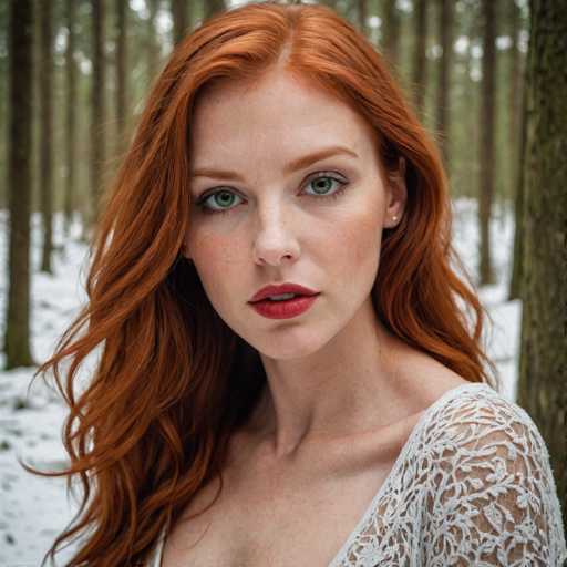 A captivating photograph features a young woman with striking red hair and vivid green eyes, standing in a serene winter forest. Her fair skin is adorned with delicate freckles, and she wears a touch of red lipstick that complements her hair color. She is dressed in a white, lacy top that reveals her shoulders and collarbone, adding an elegant touch to her natural beauty. The background is a picturesque winter scene, with snow blanketing the ground and tall trees stretching upwards, their branches heavy with snow. The woman gazes directly into the camera, her expression serene and captivating, making her the focal point of this enchanting image.