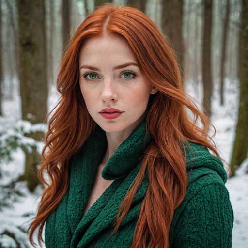 A captivating photograph features a young woman with striking red hair and vivid green eyes. She is dressed in a cozy, green sweater that complements her fair complexion. Her lips are adorned with a subtle shade of red lipstick, enhancing her natural beauty. The background reveals a serene winter landscape, with snow blanketing the ground and a dense forest of trees stretching into the distance. The woman's expression is one of quiet contemplation, as she gazes directly into the camera, creating a powerful and evocative image.