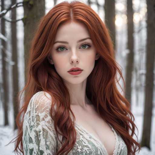 A captivating photograph features a young woman with striking red hair, standing in a serene, snow-covered forest. Her hair, parted in the middle, cascades down to her chest, framing her face with its vibrant hue. She has expressive green eyes and full lips adorned with a touch of red lipstick. Her complexion is fair, and she wears a delicate, sheer white top that reveals a hint of green fabric underneath. The top is low-cut, adding an elegant touch to her appearance. The background is a wintry wonderland, with tall trees dusted in snow, their branches heavy with the white powder. The ground is blanketed in snow, creating a peaceful and tranquil atmosphere. The woman gazes directly at the camera, her expression serene and captivating, making her the focal point of this enchanting winter scene.