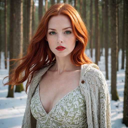 A woman with red hair and a white dress stands in front of a forest of tall trees on a snowy day.