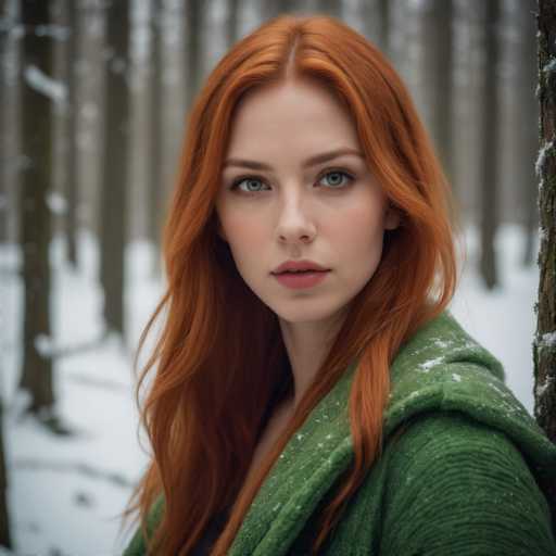 A captivating photograph features a young woman with striking red hair and vivid blue eyes, gazing directly into the camera. She is dressed in a green jacket, which appears to be made of corduroy, and the hood is gently folded back. Snowflakes delicately dust her hair and jacket, adding a touch of winter's magic to the scene. The background is softly blurred, revealing a serene forest with tall trees and a blanket of snow on the ground. The woman's lips are slightly parted, revealing a hint of her teeth, and her expression is neutral, neither smiling nor frowning. Her eyebrows are a natural shade of brown, contrasting beautifully with her fair complexion and vibrant red hair. The overall composition captures a moment of quiet beauty and stillness in a winter forest.