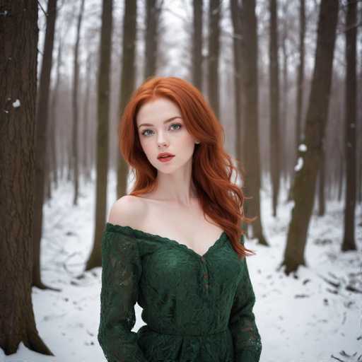 A captivating photograph features a young woman with striking red hair and vibrant blue eyes. She is adorned in a green dress with a lace overlay, which elegantly drapes off her right shoulder. The dress is fastened with three buttons at the front, and it cinches at her waist, accentuating her figure. Her lips are painted a bold red, complementing her fair complexion and the subtle blush on her cheeks. She gazes directly at the camera, exuding confidence and grace.

The backdrop is a serene winter forest, with snow blanketing the ground and a few delicate snowflakes adorning the trees. The trees, mostly bare with a few retaining their leaves, create a picturesque scene. The sky above is a muted gray, adding to the wintry atmosphere. The woman's hair is parted in the middle, with a slight wave at the ends, framing her face beautifully. The overall composition of the image is both enchanting and serene, capturing a moment of natural beauty.