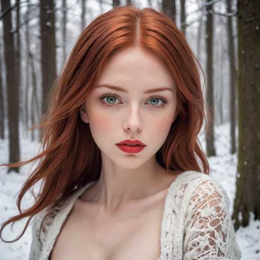 A captivating photograph features a young woman with striking red hair and vivid green eyes. Her lips are painted a bold red, complementing her fair complexion. She is dressed in a white, lacy top that adds a touch of elegance to her appearance. The background reveals a serene winter scene, with snow blanketing the ground and a forest of bare trees stretching into the distance. The sky above is a muted gray, enhancing the wintry atmosphere. The woman gazes directly at the camera, her expression serene and composed. Her eyebrows are a natural shade of brown, contrasting subtly with her vibrant red hair. The overall composition of the image is both striking and tranquil, capturing a moment of quiet beauty in a snowy landscape.