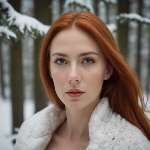 A captivating photograph features a woman with striking red hair and vivid green eyes, gazing directly into the camera. She is adorned in a luxurious white fur coat, which appears to be either genuine or faux fur, adding a touch of elegance to her appearance. The background is a serene winter scene, with snow gently falling and blanketing the ground. Snow-covered tree branches frame the woman, enhancing the wintry atmosphere. The image is devoid of any text, allowing the viewer to fully appreciate the natural beauty and tranquil setting.
