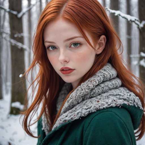 A captivating photograph features a young woman with striking red hair and vivid green eyes, standing amidst a serene winter landscape. She is dressed in a dark green jacket adorned with a plush, gray faux fur collar that adds a touch of warmth to her ensemble. Her lips are painted a bold red, complementing her fair complexion and the subtle blush on her cheeks. The woman's expression is serious, her gaze directed straight at the camera, exuding a sense of confidence and poise. The background reveals a wintry scene with snow-covered ground and tree branches, some of which are dusted with snow, enhancing the cold, tranquil atmosphere. The overall composition of the image is striking, with the woman's vibrant features and attire contrasting beautifully against the muted, snowy backdrop.