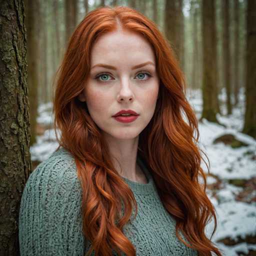 A woman with red hair is standing in a forest surrounded by snow-covered trees and bushes. She is wearing a green sweater that contrasts with her fiery hair color. The background features tall trees with brown trunks and branches covered in white snow.