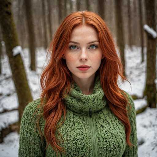 A captivating photograph features a young woman with striking red hair and vivid green eyes, standing amidst a serene winter landscape. She is dressed in a cozy green cable-knit sweater, which is zipped up to her neck, adding a touch of warmth to the chilly scene. Her fair skin contrasts beautifully with her vibrant features, including a dusting of freckles across her cheeks and a hint of pink on her lips. The background reveals a forest of bare trees, their branches reaching upwards, while the ground is blanketed in pristine white snow. The woman gazes directly into the camera, her expression serene and contemplative, capturing a moment of quiet beauty in nature.