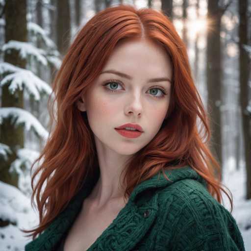 A captivating photograph features a young woman with striking red hair, standing in a serene winter landscape. She is dressed in a green sweater, and her vibrant green eyes complement her fair complexion. Her lips are adorned with a subtle shade of red lipstick, enhancing her natural beauty. The background reveals a dense forest of tall, slender trees, their branches laden with snow. The sun peeks through the canopy, casting a gentle glow over the scene. The woman gazes directly at the camera, her expression serene and contemplative. Her red hair is parted in the middle, framing her face elegantly. The overall composition exudes a sense of tranquility and natural beauty, capturing a moment of peaceful coexistence between the woman and her wintry surroundings.
