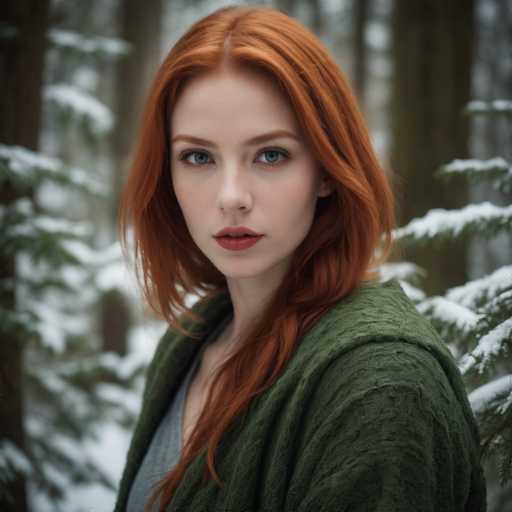 A captivating photograph features a young woman with striking red hair and matching red eyebrows, her blue eyes gazing directly into the camera. She is adorned in a green coat, which appears to be made of a wool-like material, over a gray shirt. Her lips are painted a bold red, complementing her vibrant hair. The woman stands in a serene, snowy forest, surrounded by tall trees and snow-covered branches. The background is slightly blurred, drawing focus to her face and upper body, while the lower part of her body is not visible in the frame. The overall composition highlights her natural beauty against the wintry backdrop, creating a striking contrast between her vivid features and the tranquil, snow-laden forest.