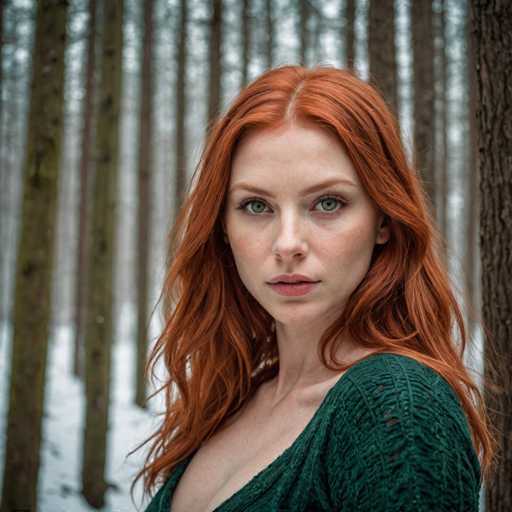A woman with red hair and green eyes is standing in front of a forest of tall trees on a snowy day. She is wearing a green sweater that contrasts with the white snow around her. The trees behind her are bare, indicating it's wintertime.