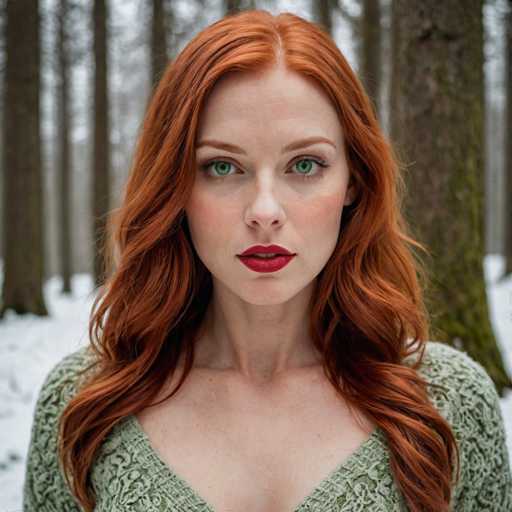 A captivating photograph features a striking woman with vibrant red hair and mesmerizing green eyes. Her lips are adorned with bold red lipstick, complementing her fair complexion. She is dressed in a green sweater, which adds a harmonious touch to her overall appearance. The background reveals a serene winter scene, with snow blanketing the ground and a dense forest of trees stretching into the distance. The woman's gaze is directed straight at the camera, exuding confidence and poise. Her red eyebrows frame her expressive eyes, and a hint of her teeth is visible through her slightly parted lips. The image captures her from the chest up, emphasizing her facial features and the enchanting natural setting around her.