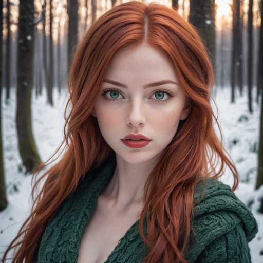 A captivating photograph features a young woman with striking red hair, standing in a serene, snow-covered forest. Her vibrant green eyes and red lips complement her fair complexion, while her long, wavy hair cascades down to her chest. She is dressed in a cozy green sweater, adding a touch of warmth to the wintry scene. The background is a blur of tall, slender trees, their branches bare and dusted with snow, creating a tranquil and almost ethereal atmosphere. The woman gazes directly at the camera, her expression serene and contemplative, as if she is lost in thought or simply enjoying the peaceful solitude of the moment.