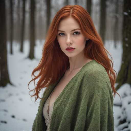 A captivating photograph features a young woman with striking red hair and vibrant blue eyes, standing in a serene winter landscape. She is dressed in a green sweater, which appears to be made of a wool-like material, adding a touch of warmth to the cold setting. Her lips are painted a bold red, complementing her fiery hair. The background is a picturesque winter wonderland, with snow blanketing the ground and tall trees standing tall, their branches bare due to the season. The woman is positioned with her body facing the left side of the frame, while her head is turned towards the camera, creating a dynamic and engaging pose. The overall composition captures the essence of winter beauty and the woman's striking features.
